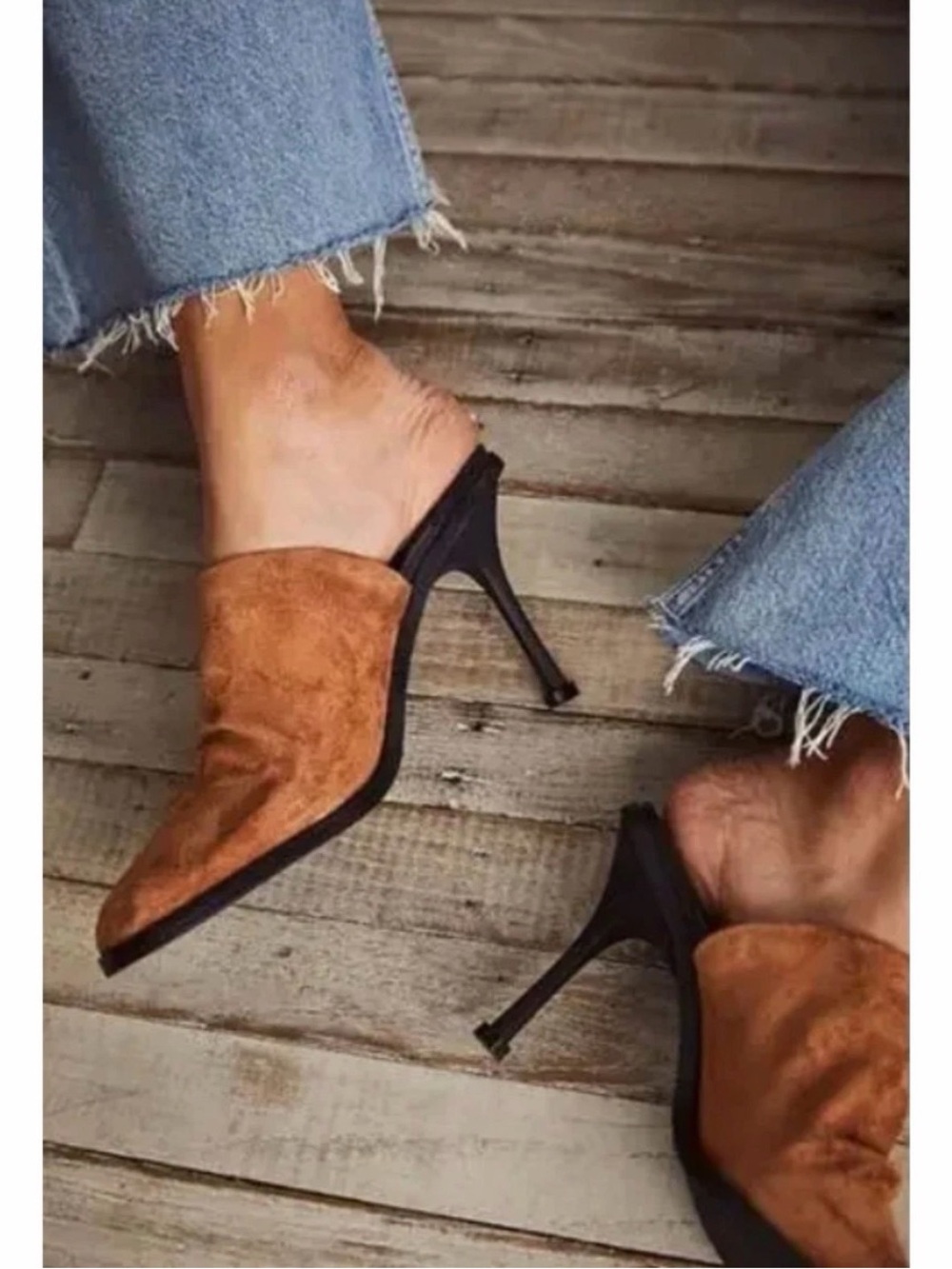NWOB Free People Leila Suede Leather Cognac Dark Brown Mules Heels Women’s 39